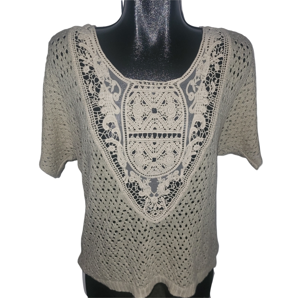 Eclipse Beige Crochet Lace Short Sleeve Boho Top XL